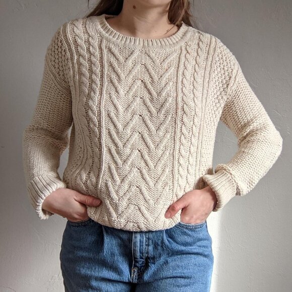 BDG Urban Outfitters Women Cable Knit Sweater XSmall Cream Fisherman Elbow Patch - Picture 2 of 14